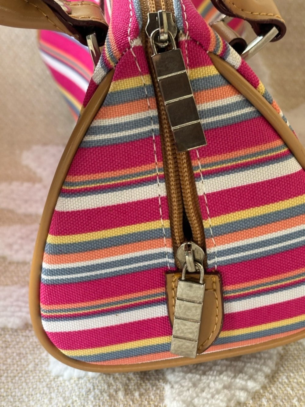 Striped Pink Multi-Color Canvas Satchel with Tan Handles - Picture 5 of 12